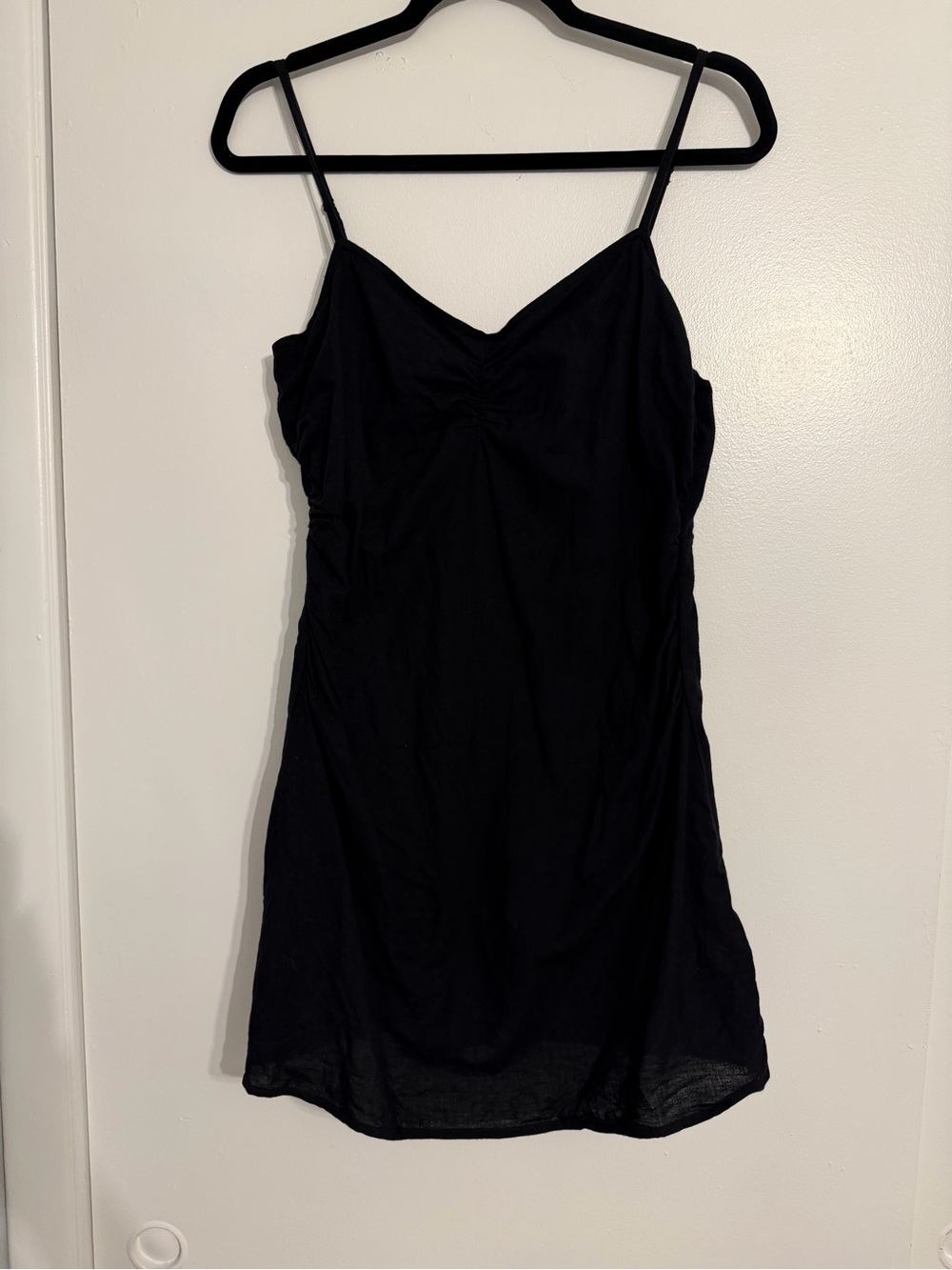 American Eagle Ruched Black Dress with Zip Back and Spaghetti Straps - Size M